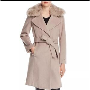 Tahari Women's Fiona Wrap Belted Wool Blend Coat Detachable Faux Fur XL Beige
